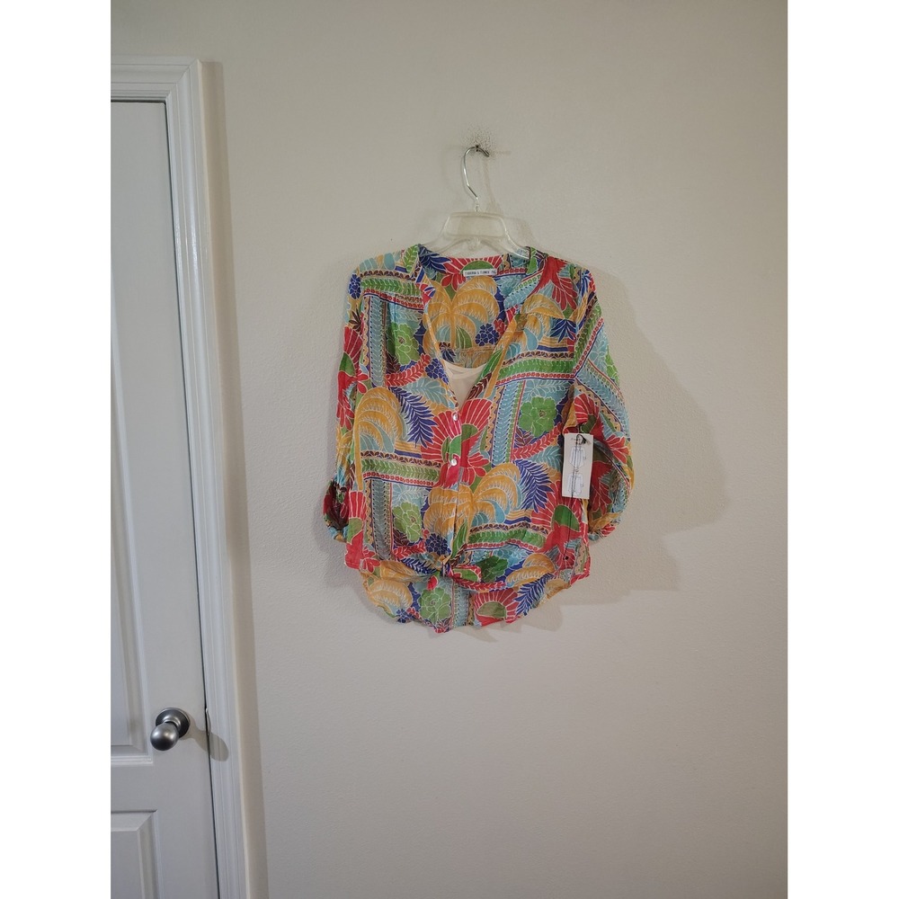 Figueroa & Flower Tropical Palm Floral Tie Front‎ Blouse Orange Royal PXL NEW